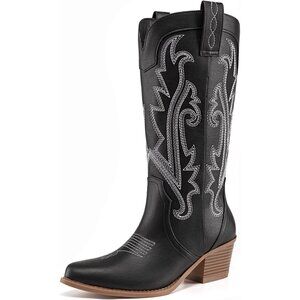 Women's Black Embroidered Western Cowgirl Pointed Toe Chunky Heel Mid Calf Boots